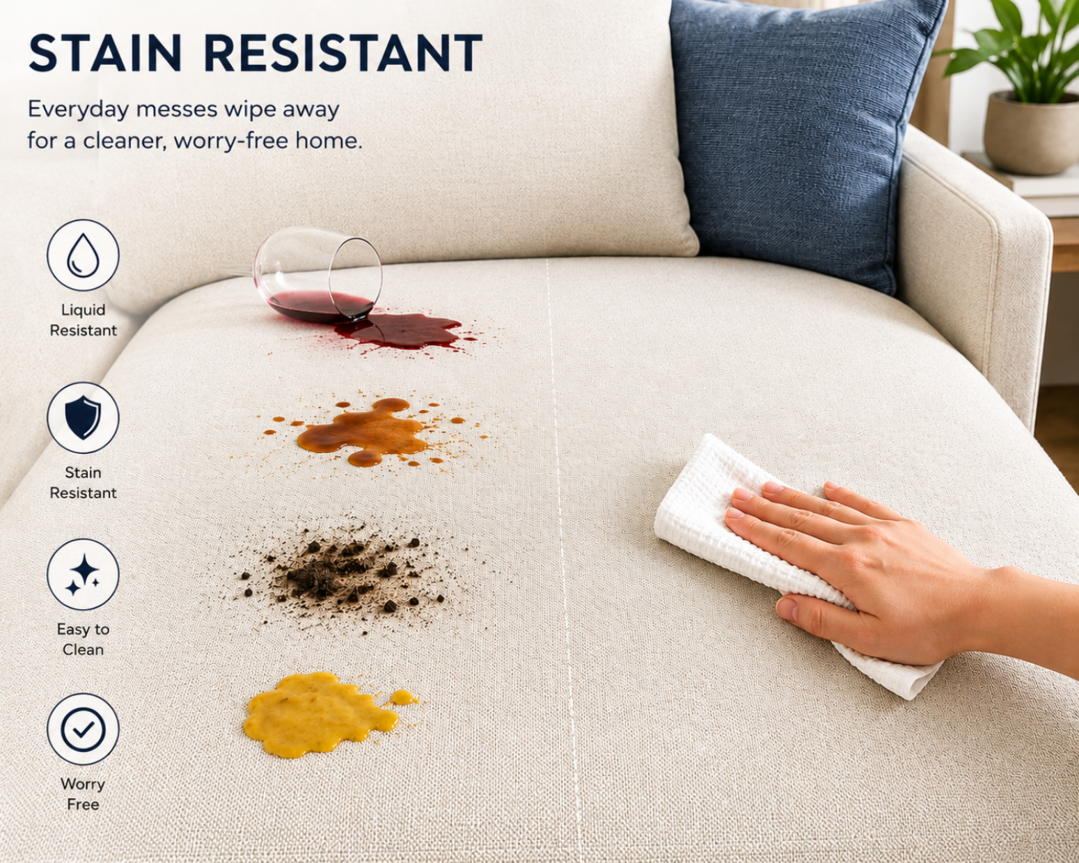Stain-resistant sofa with spills and a hand cleaning them, emphasizing ease of maintenance.