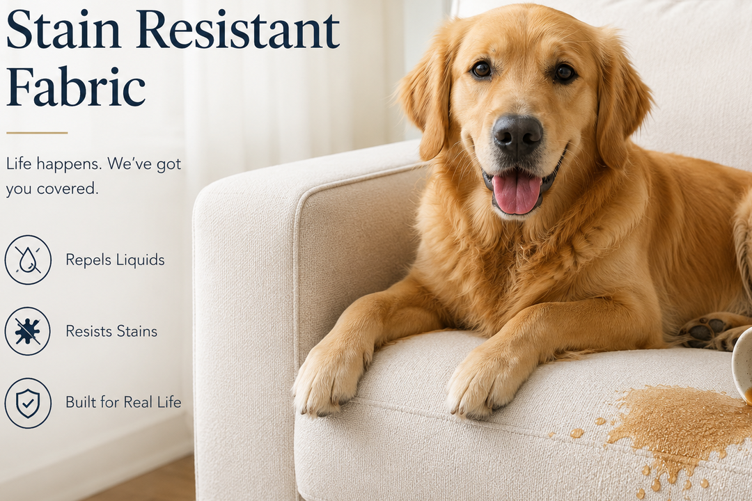 Dog lying on a couch with a spilled cup of coffee, promoting stain-resistant fabric.